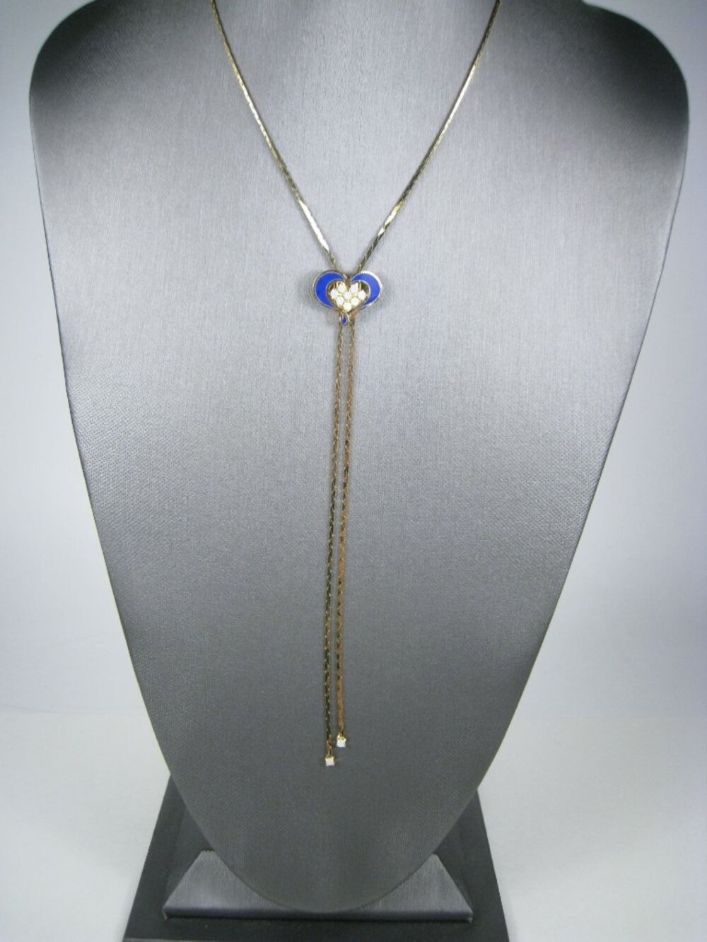 Vintage Gold Tone Bolo Necklace Blue Enamel Heart Crystal Sleek Modern Adj 16 in